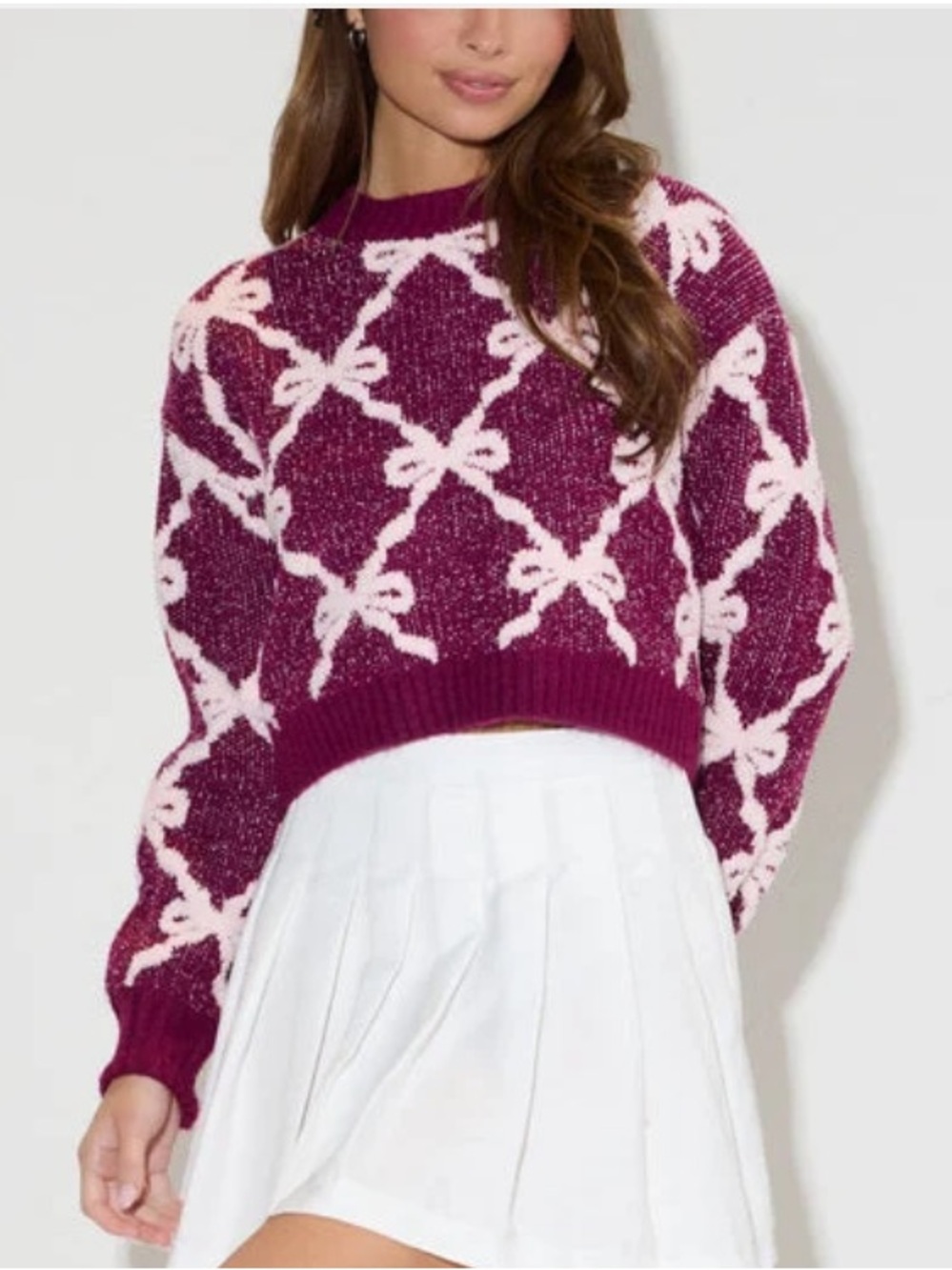 NWT Derek Heart Pink Ribbon Pattern Burgundy Crewneck Sweater Size L